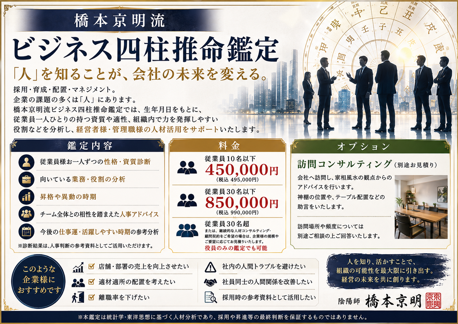 橋本京明流 ビジネス四柱推命鑑定の説明と料金表の画像